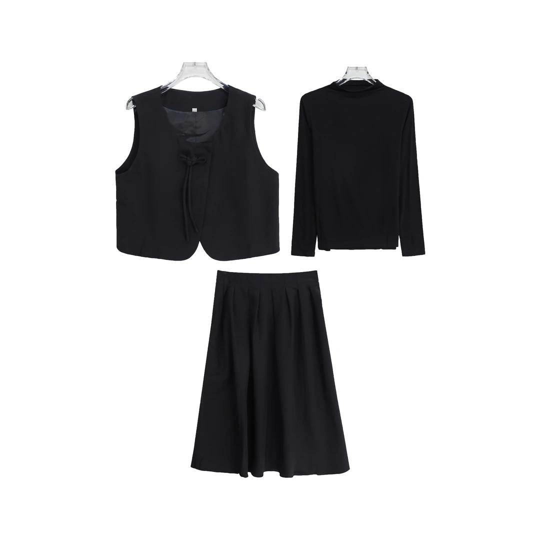 新款韩版修身长袖半高领上衣马甲半身裙三件套S2733