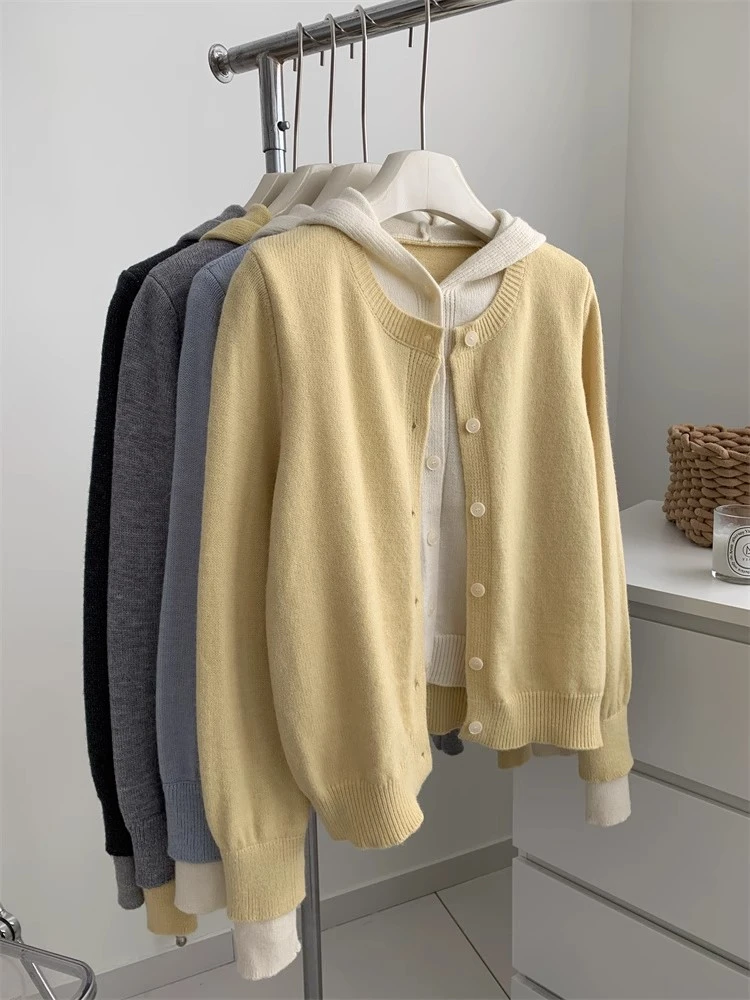 撞色连帽针织开衫女设计感假两件毛衣外套春秋新款宽松百搭上衣