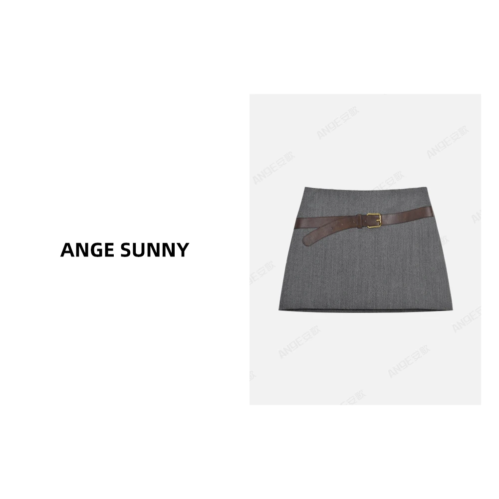 ANGE SUNNY【陈昊宇同款 拼接腰带半裙】金扣腰带羊毛迷你半身裙