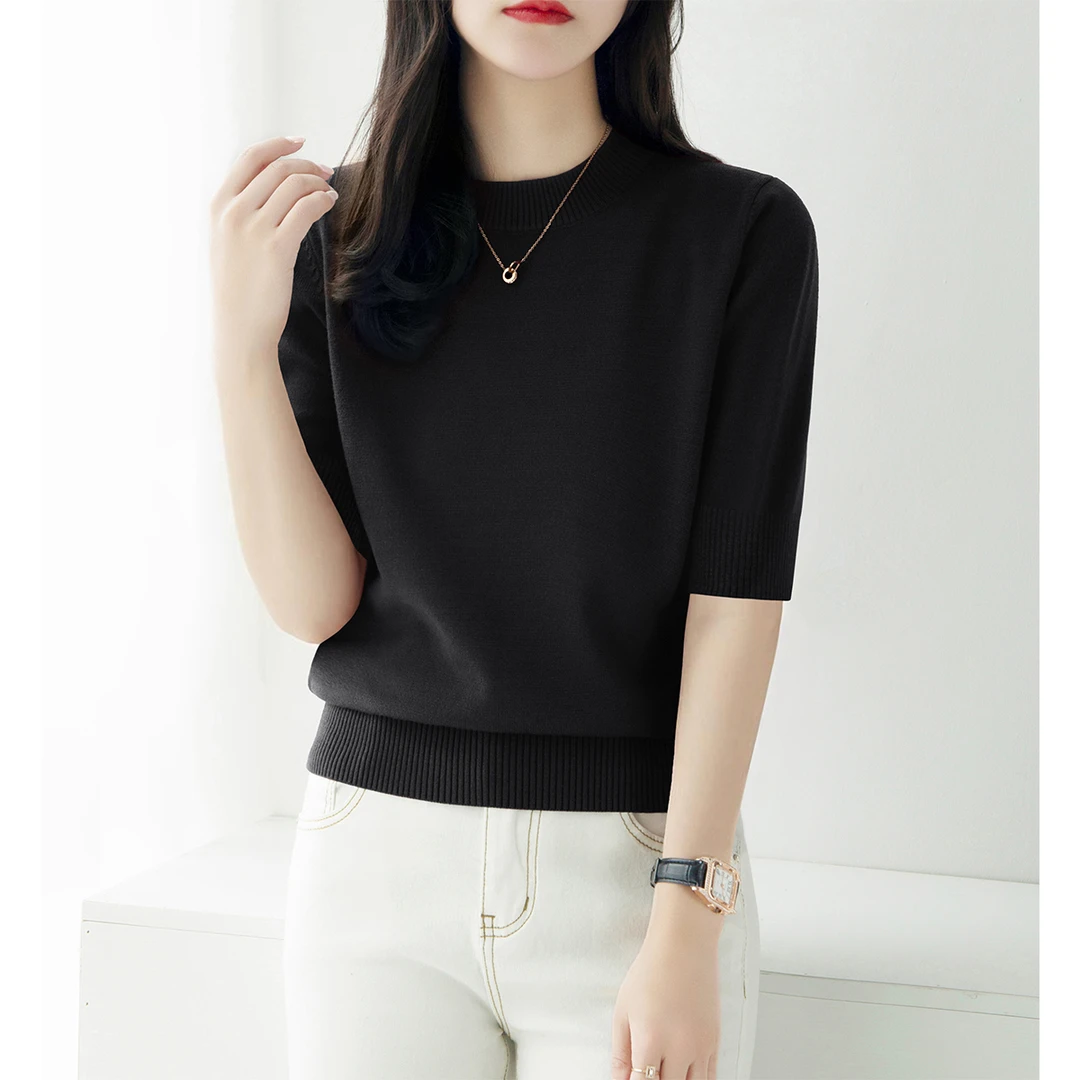 黑色高级感简约百搭圆领宽松遮肉设计内搭上衣女秋季新款中袖打底