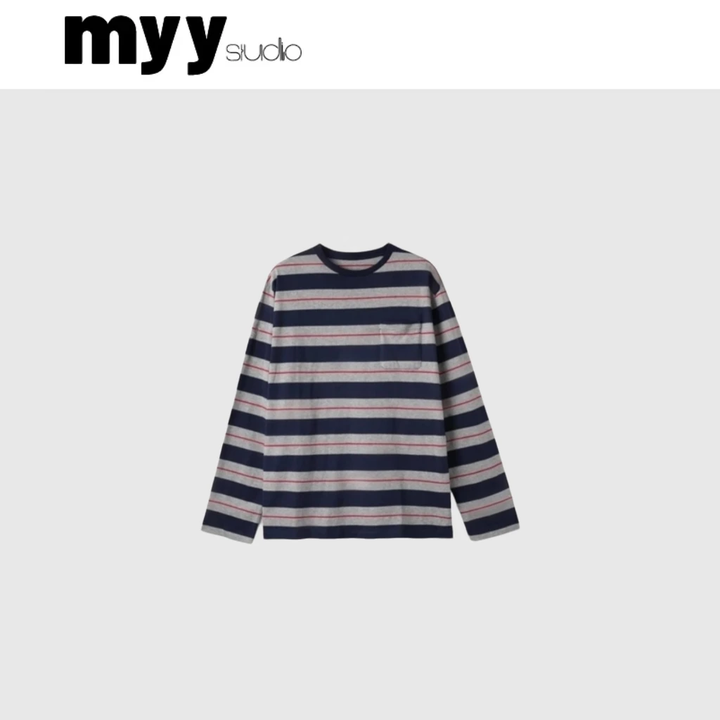 雨小琪”MIU系T“秋冬复古条纹100棉打底衫条纹休闲圆领T恤套头衫