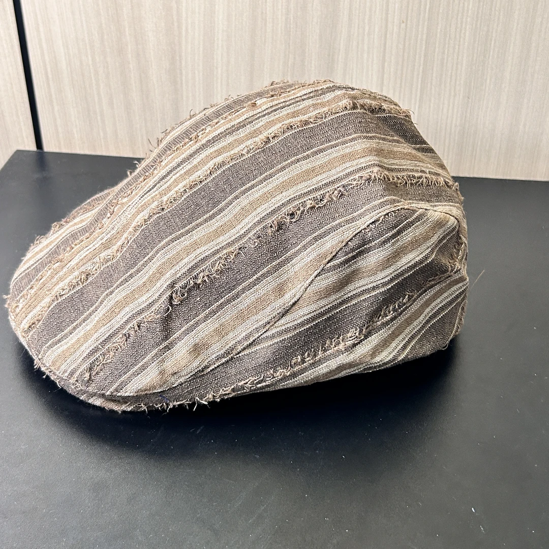 新款条纹棕色前进帽圆顶薄款大头围帽子夏季时尚休闲春夏复古透气