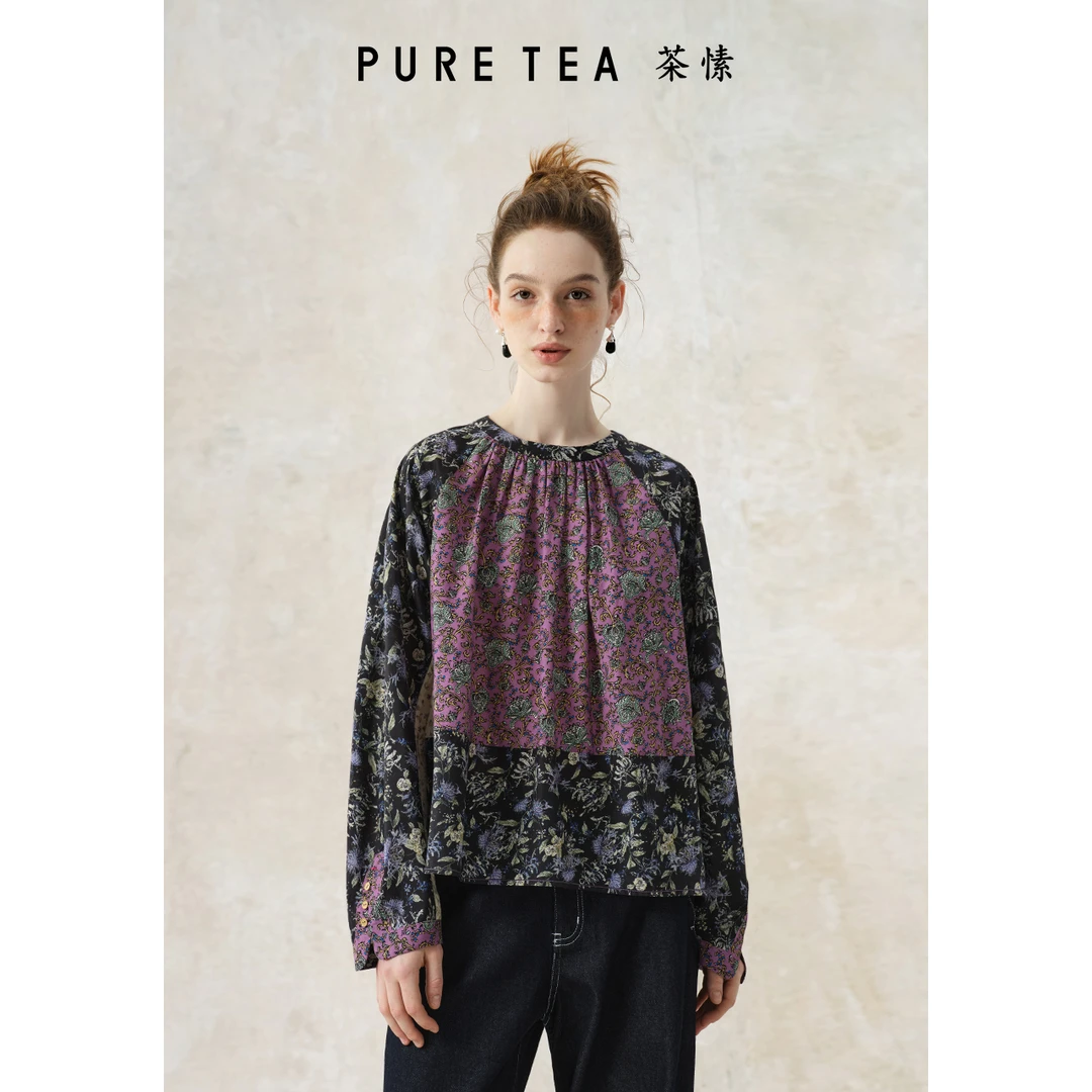 puretea茶愫小苍兰印花上衣秋新款KJ0103C41