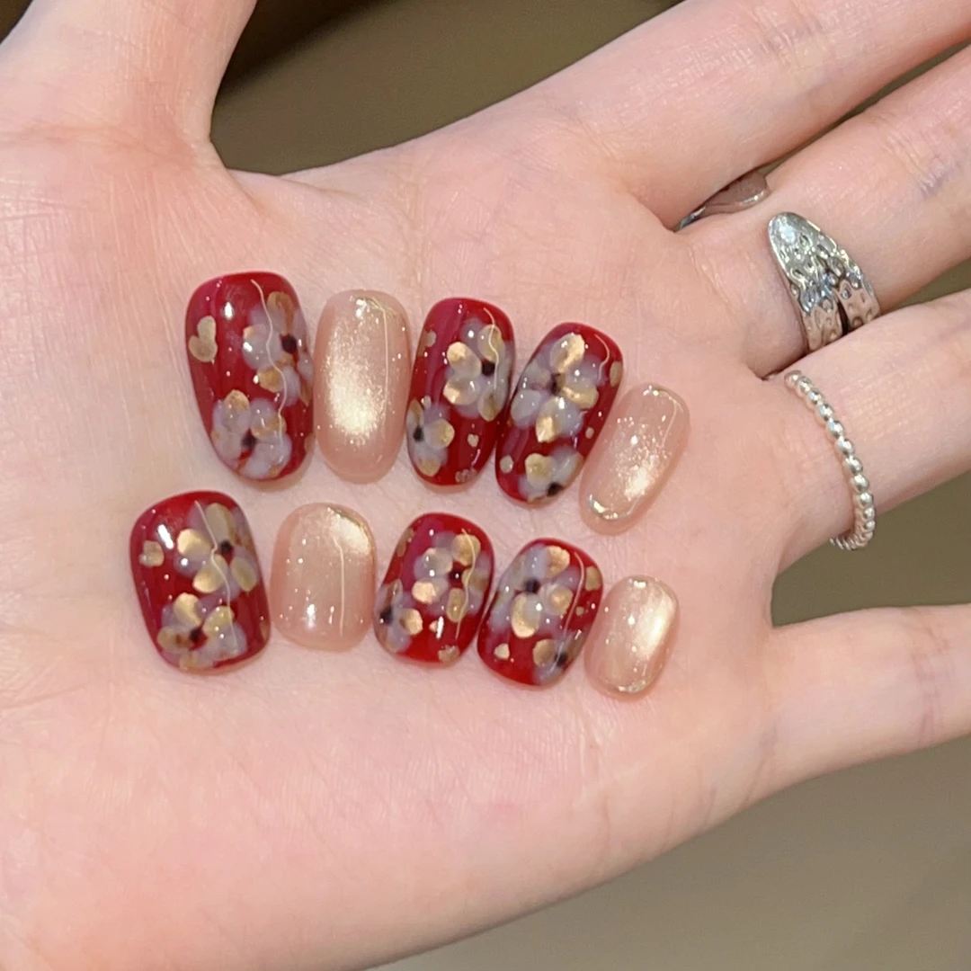 【有钱花 】手绘金属花朵红色新年手工穿戴甲款带盒子工具包