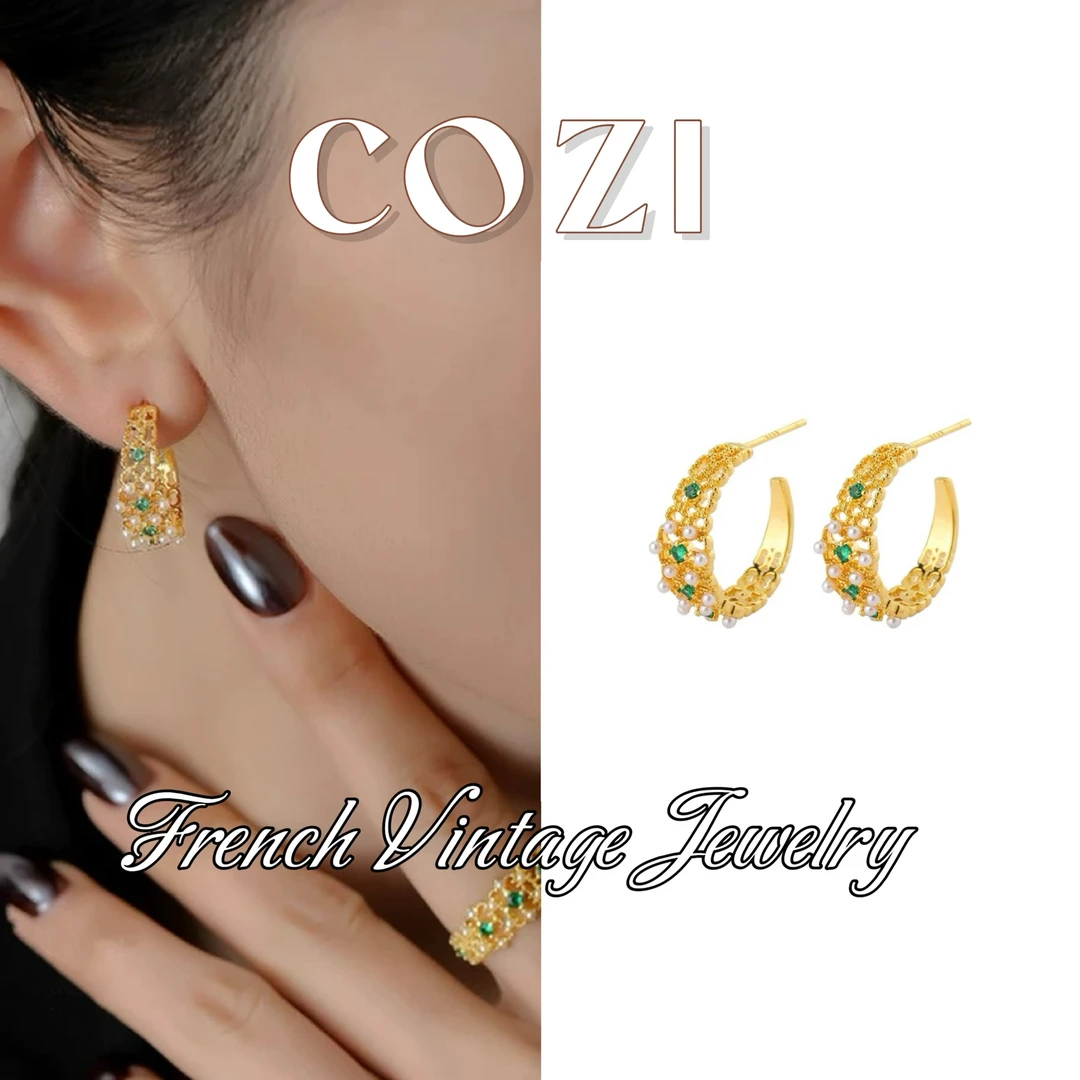 COZI 铜合金锆石耳饰 蔻姿气质轻奢时尚耳环法式镂空镶嵌圈圈耳饰