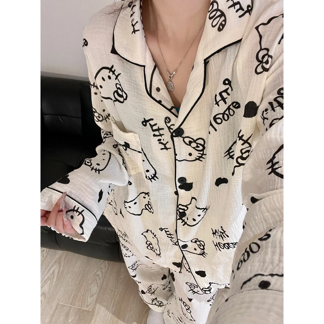 可爱Kitty棉纱可外穿秋冬新款睡衣女卡通长袖长裤甜美家居服套装