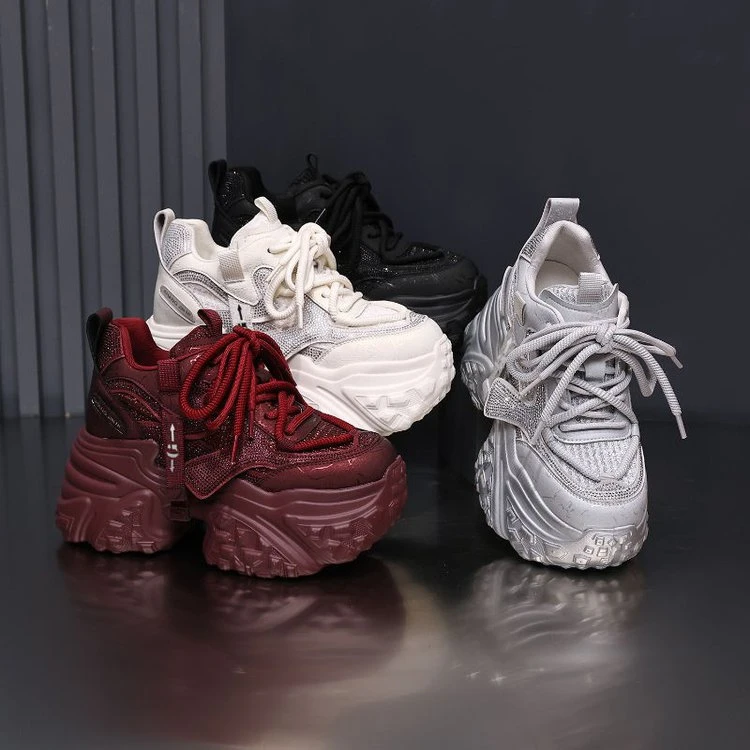 红色小个子老爹鞋女2025秋冬新款爆款水钻厚底内增高高级感休闲鞋