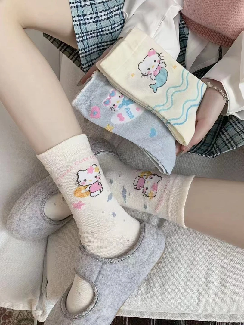 可爱卡通KT猫袜子女袜秋款新品泡泡花边中筒堆堆袜配裙子的袜子
