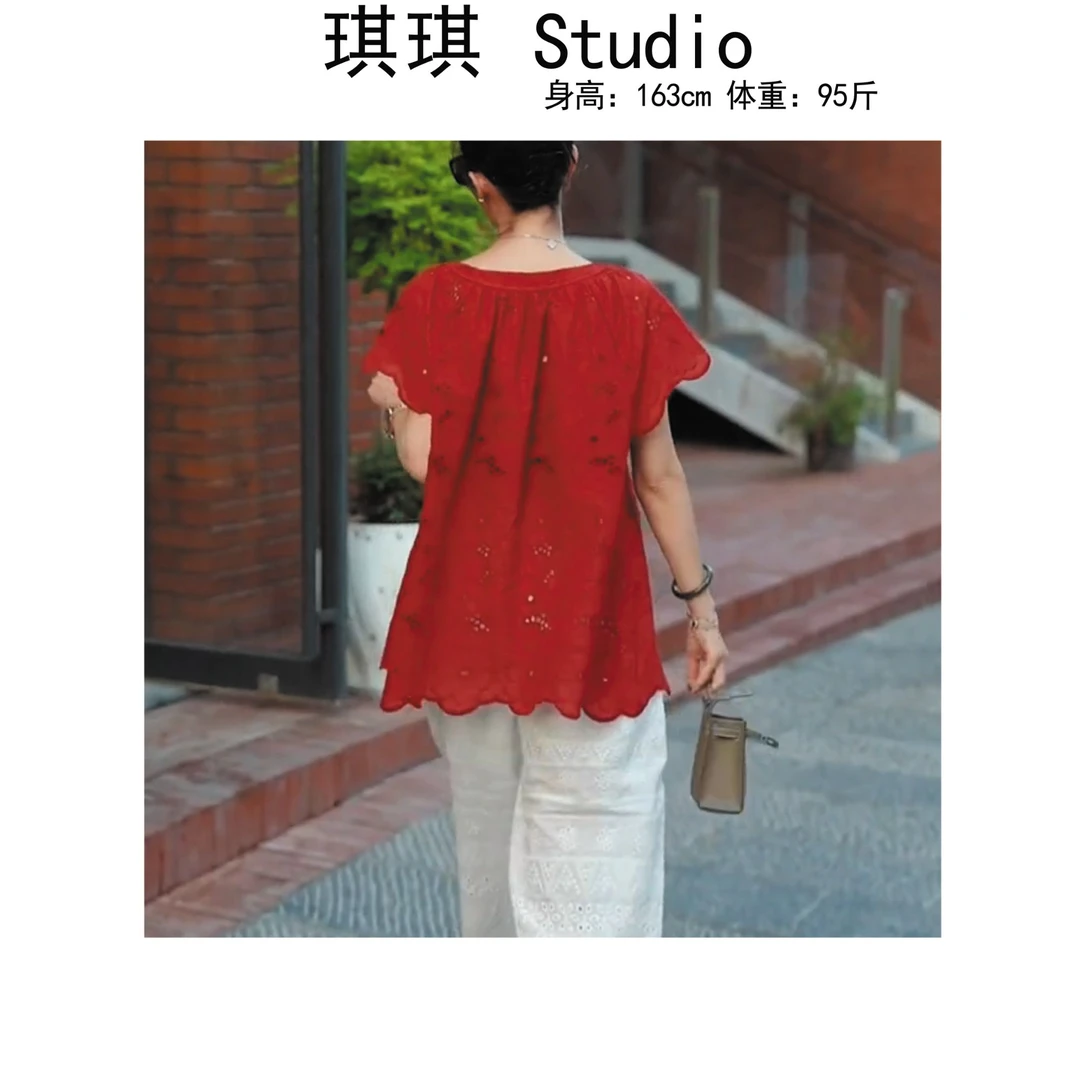 《琪琪家》夏季新款重工设计感镂空提花显瘦减龄百搭上衣2577-H