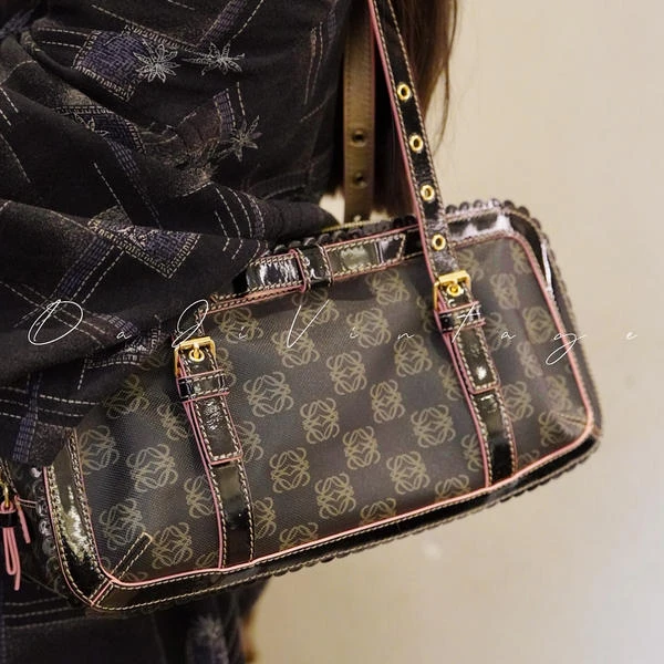 95新 LOEWE/罗意威 大吉中古/Loewe黑粉色蝴蝶结波士顿单肩包
