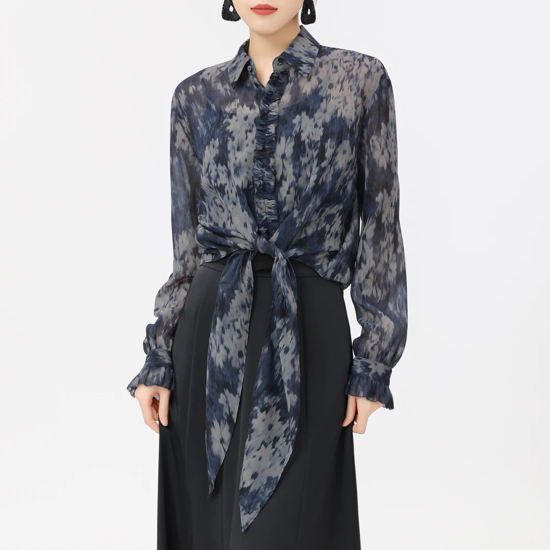 AMASS/阿玛施 春夏新款时尚蕾丝印花短款长袖衬衫气质花色5300285