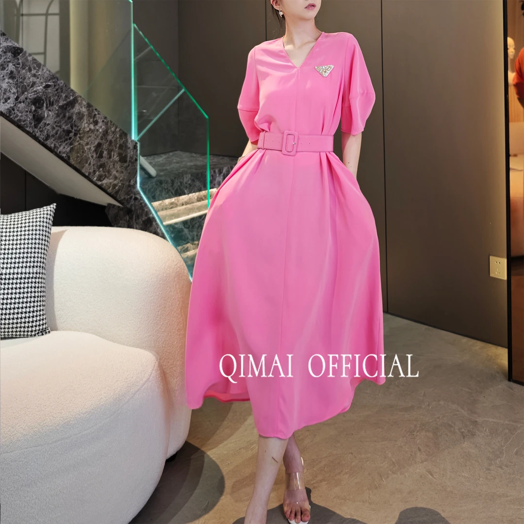 设计师麦子原创法式连衣裙长裙轻奢泡泡袖优雅H型裙夏季配腰带