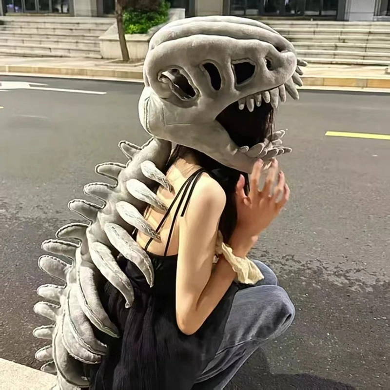 百搭搞怪帽子可爱头套白色毛绒玩具灰色外骨骼玩偶恐龙帽子送女生