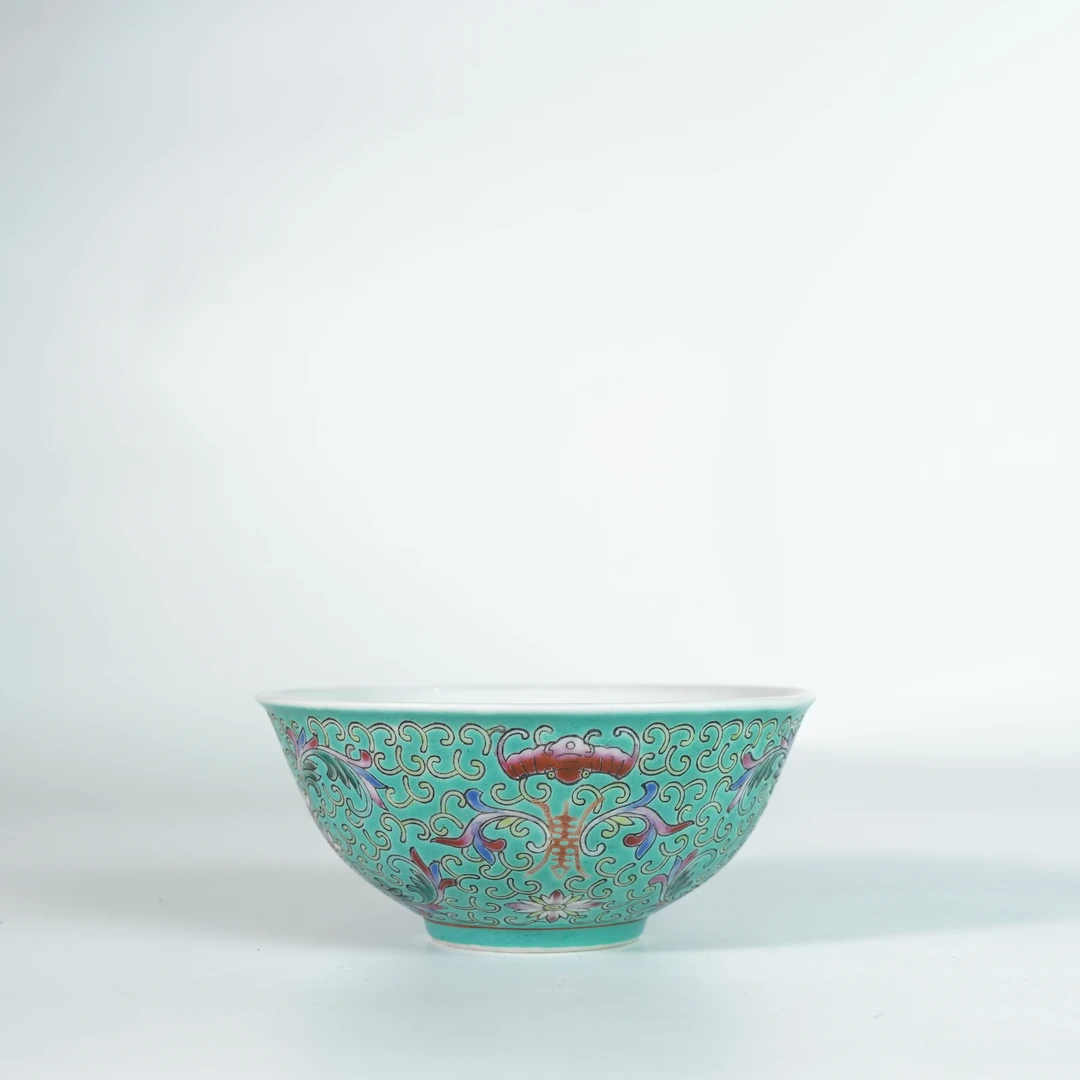 LABC251017025【十竹斋】民国松石绿釉缠枝莲粉彩赏碗