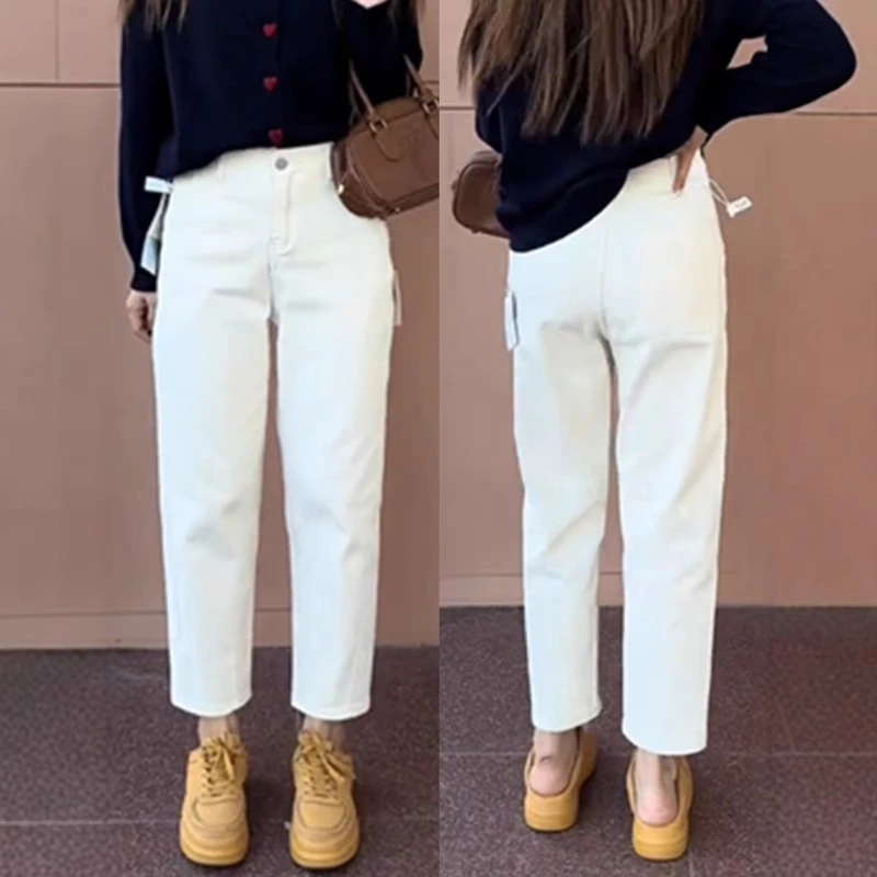 梨型身材2025年秋冬加绒哈伦牛仔裤女大码小个子显瘦萝卜老爹裤