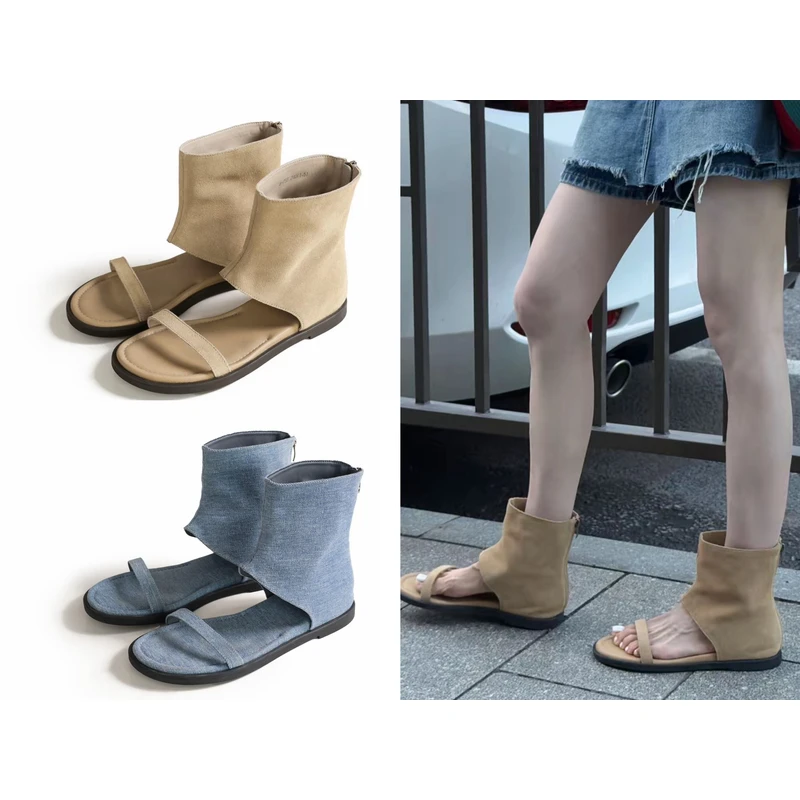 唐乐乐｜25new春夏限定一字带后拉链时尚百搭真皮罗马凉鞋6086