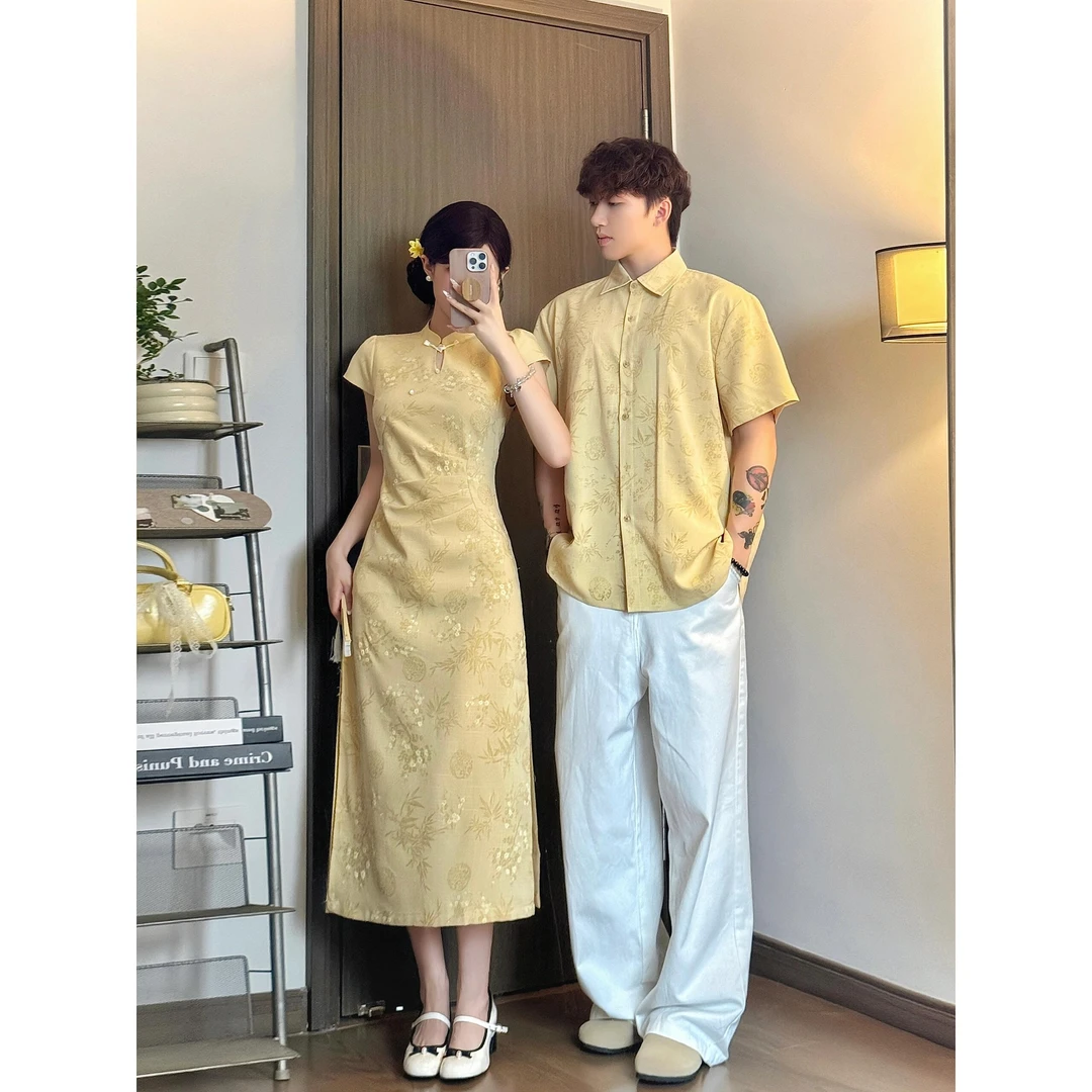 情侣装一衣一裙2025年夏季新黄色新中式改良旗袍素雅国风裙男上衣