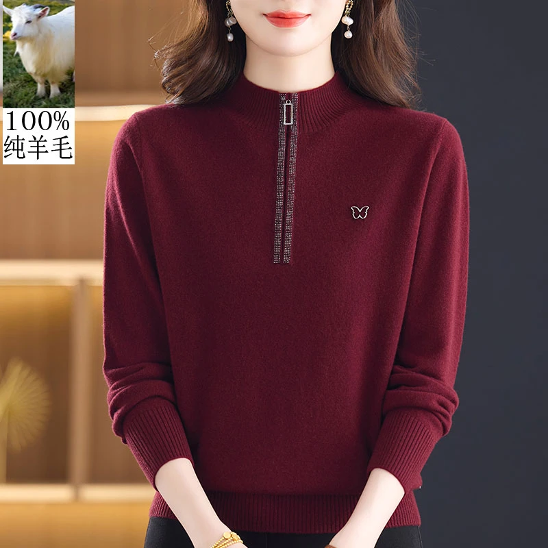 时尚妈妈装冬季半高领保暖针织100%纯羊毛套头毛衣纯色百搭打底衫