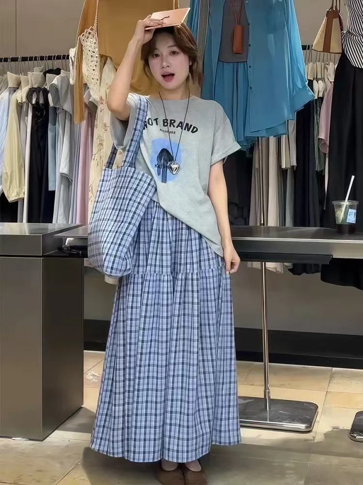 夏季韩版圆领印花T恤松紧格子裙配包包三件套