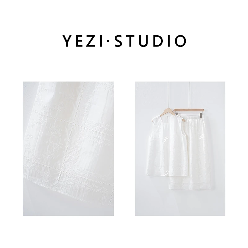 套装【花城秘境】满幅定位绣花无袖背心松紧高腰半裙套装25339003