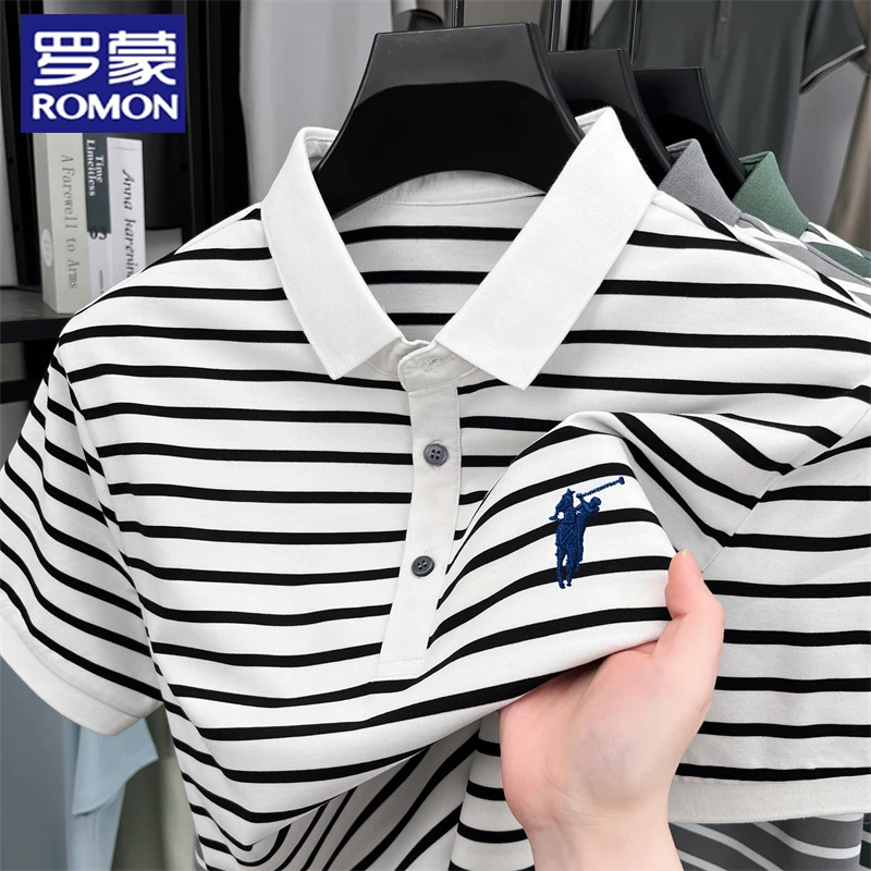 罗蒙夏季薄款经典条纹短袖polo衫男士休闲商务百搭含棉透气T恤衫