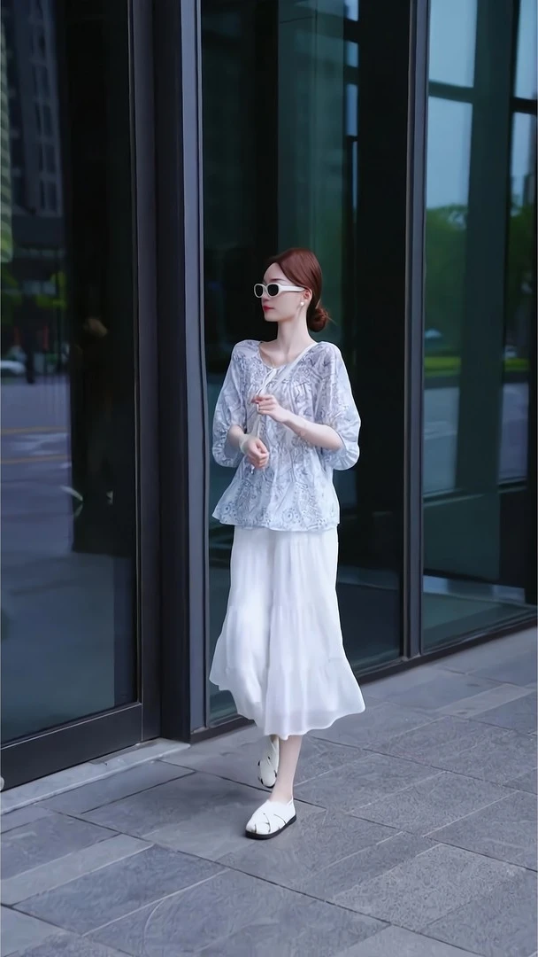 薄款流苏系带女装意式碎花衬衫白色长款下裙套装