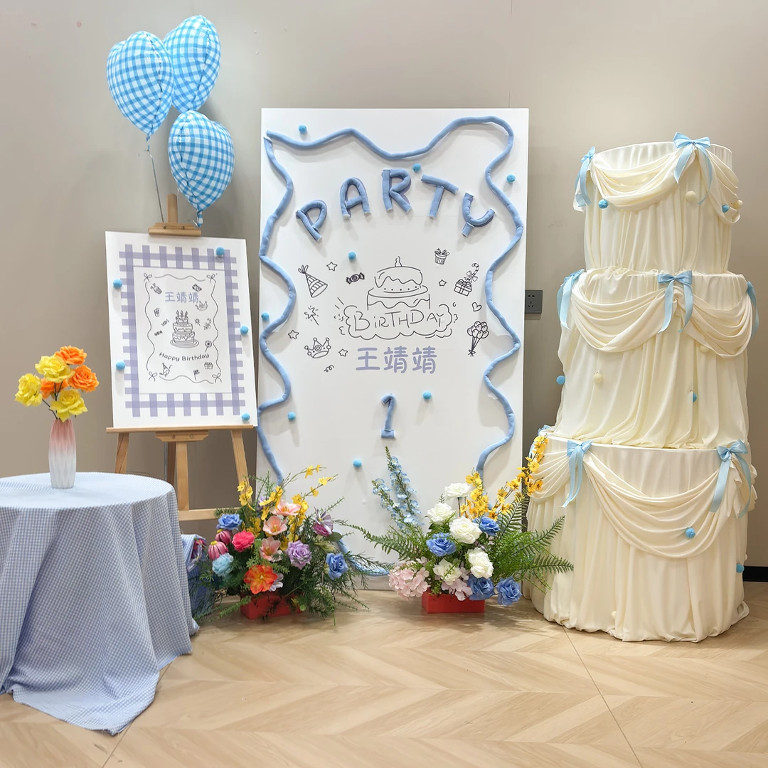 ins 风韩式宝宝生日布置可定制内容kt板蓝色气球三层蛋糕装饰男孩