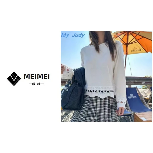 XMM.【袖口镂空三角T恤】蕾丝长袖白色针织短款时尚夏季休闲衣1539#