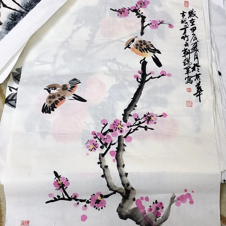 国画四尺三开花鸟童