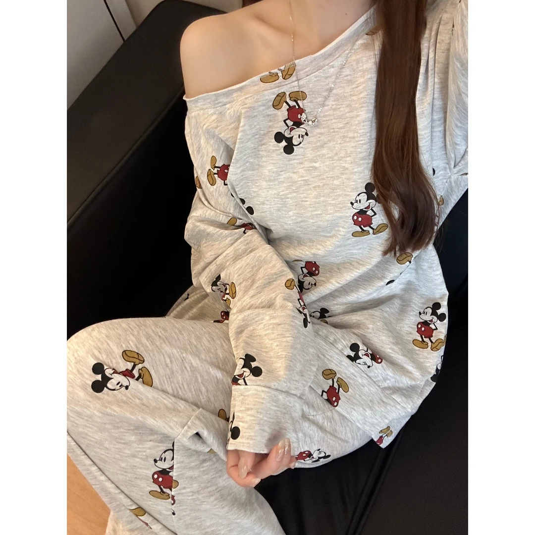 灰色米奇卡通甜美韩版设计感斜肩睡衣女套装春秋季新外穿家居服