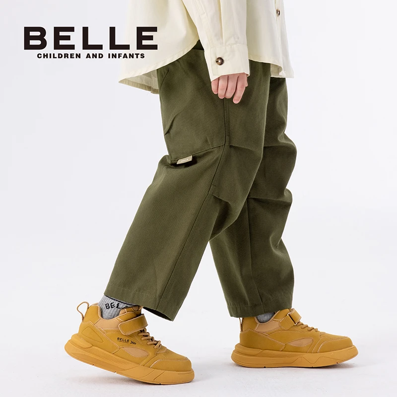 百丽儿童春新款裤子时尚宽松休闲百搭军绿梭织长裤运动休闲BB0678