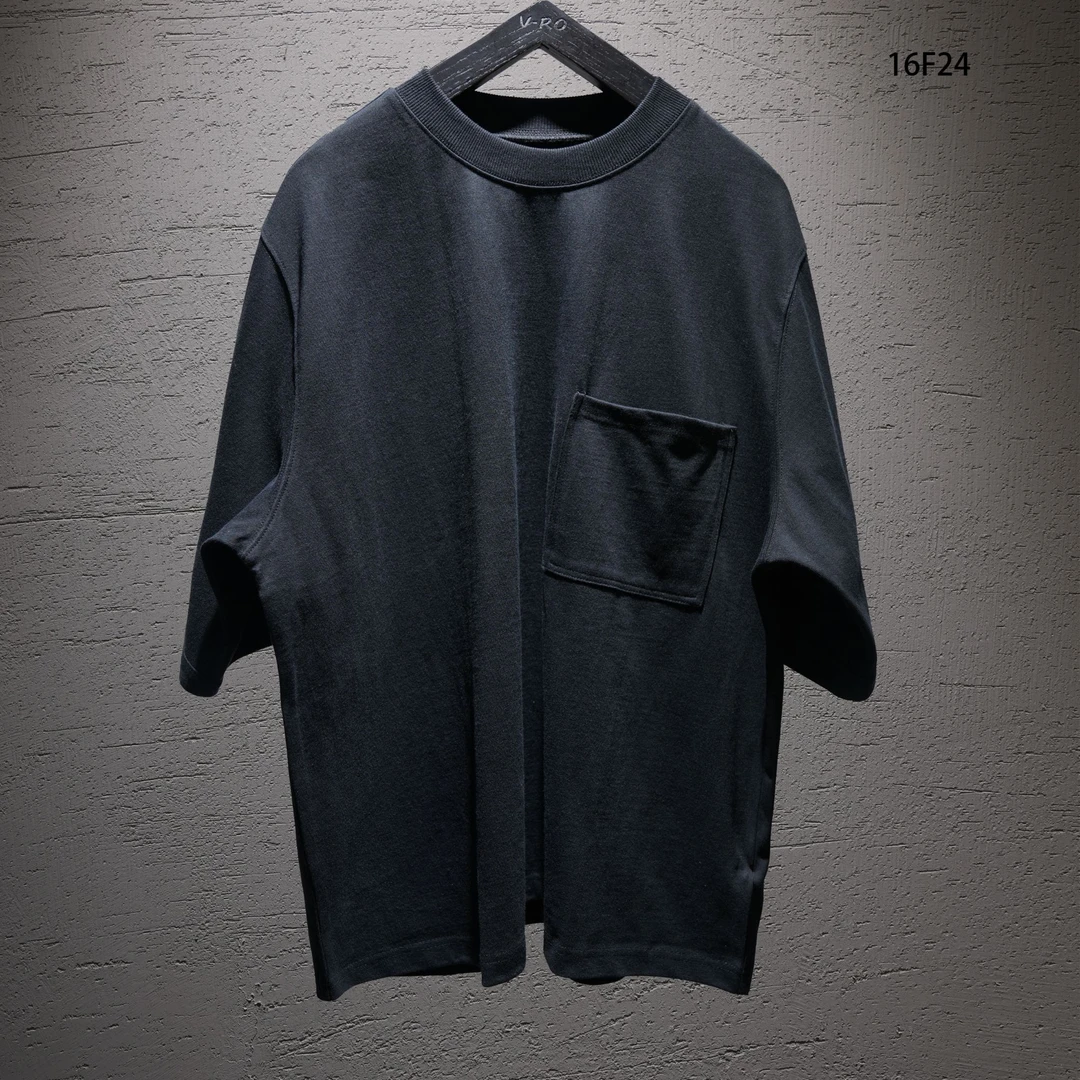 V-RO16f24“黑白灰绿”三色日系长绒棉口袋针织短袖上衣黑色宽松T恤