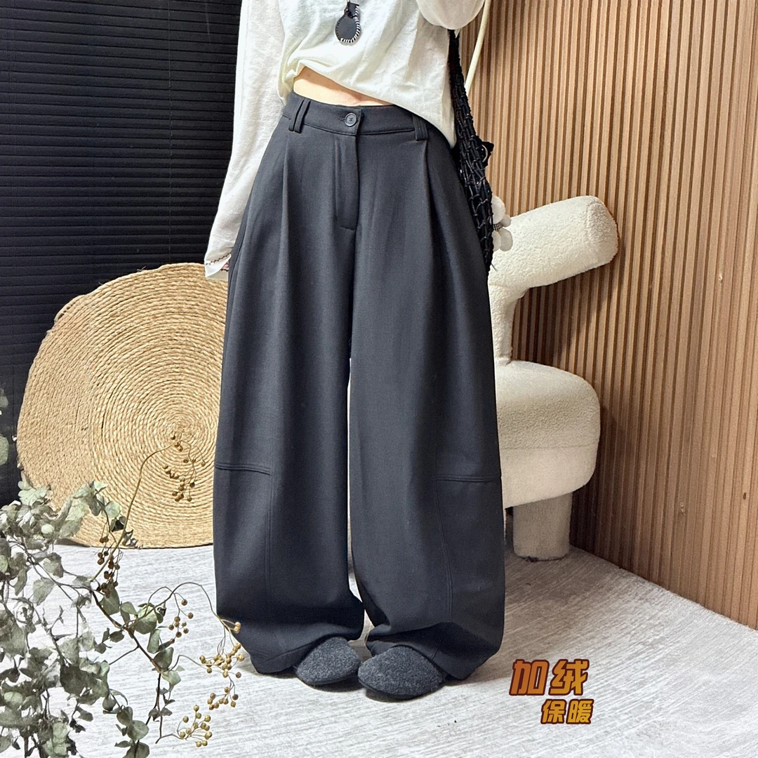 欧洲站秋冬慵懒气球裤加绒加厚高腰显瘦垂感显瘦调性西装弯刀裤女