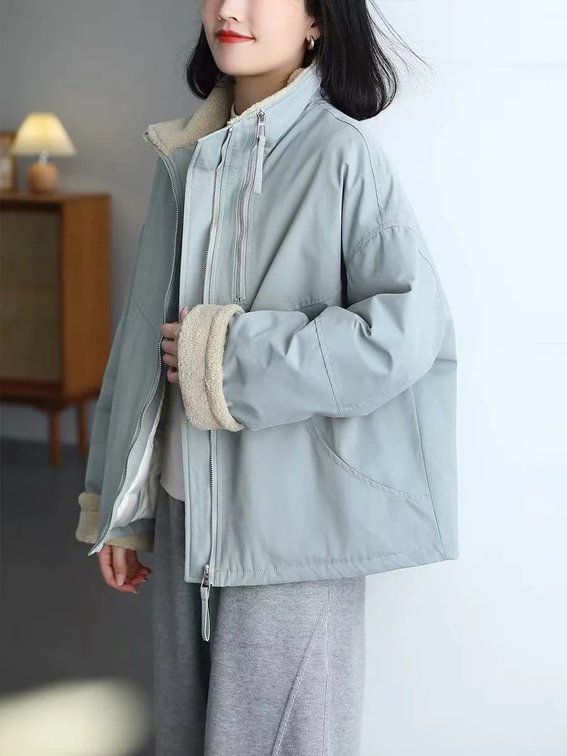 2024韩系百搭翻领拉链单排扣仿羊羔毛棉服外套女冬季宽松加厚棉衣