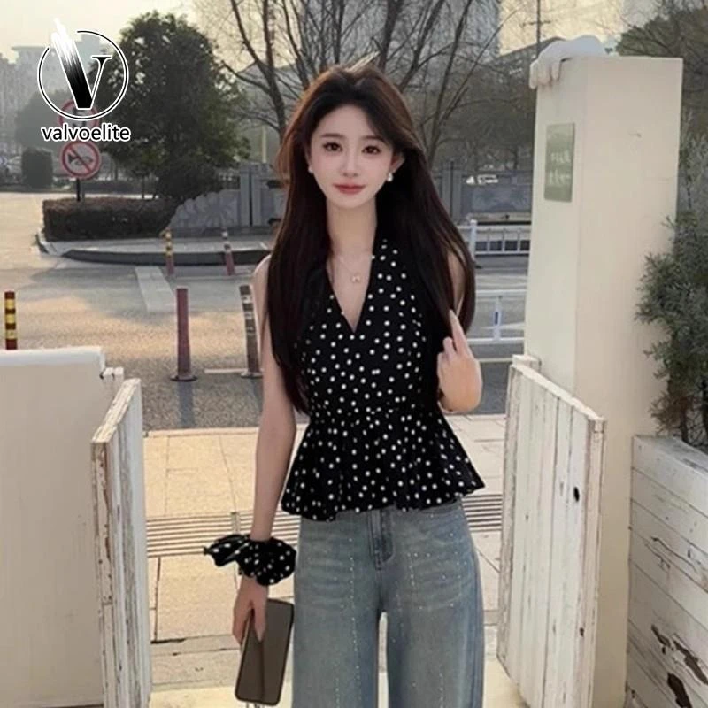 VALVOELITE纯欲挂脖波点无袖背心女装夏季外穿设计感收腰露背上衣