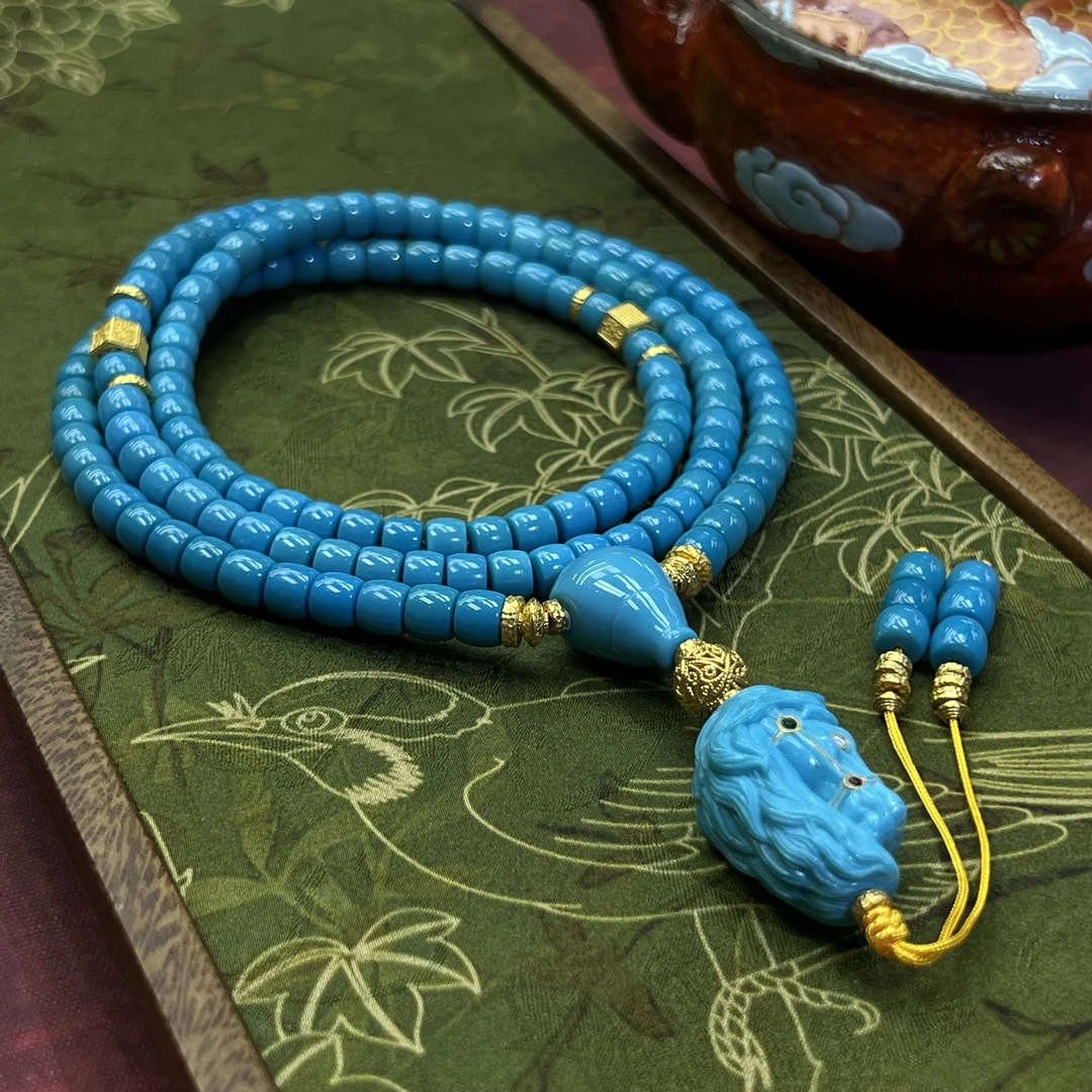 【珺笙珠宝】传承•原矿皇家蓝绿松石18K金马上有钱直切项链6mm