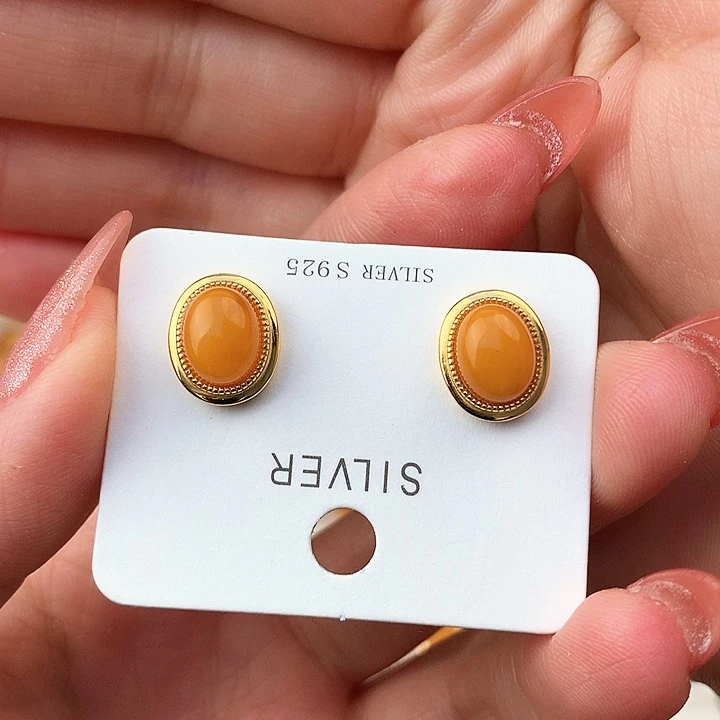 蜜蜡耳饰银S925镶嵌耳饰