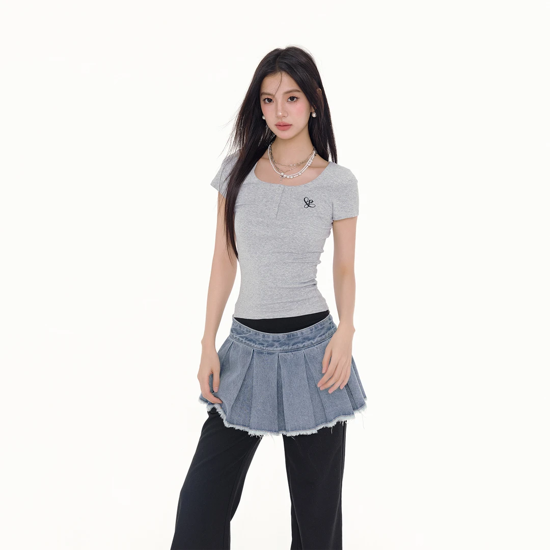 FPMZ 半开扣圆领基础logo百搭修身T恤正肩显瘦美式辣妹短袖上衣女