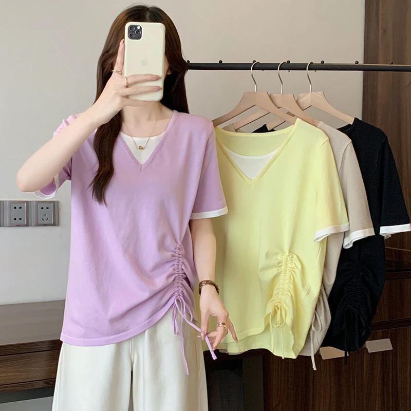 4137大码女装2025夏装新款宽松方领针织上衣胖mm百搭冰丝短袖T恤