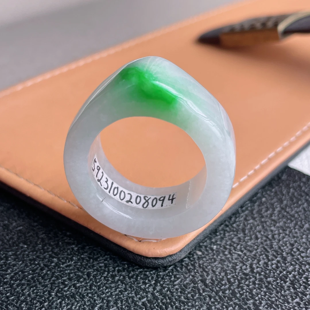 27号圈口天然A货白底青翡翠扳指缅甸老坑玉飘阳绿随行指环男女款