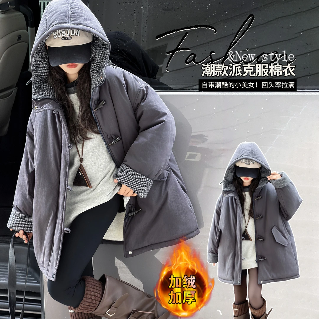 女童加绒派克服冬装2025新款棉服儿童洋气冬季中长款兔毛加厚棉衣