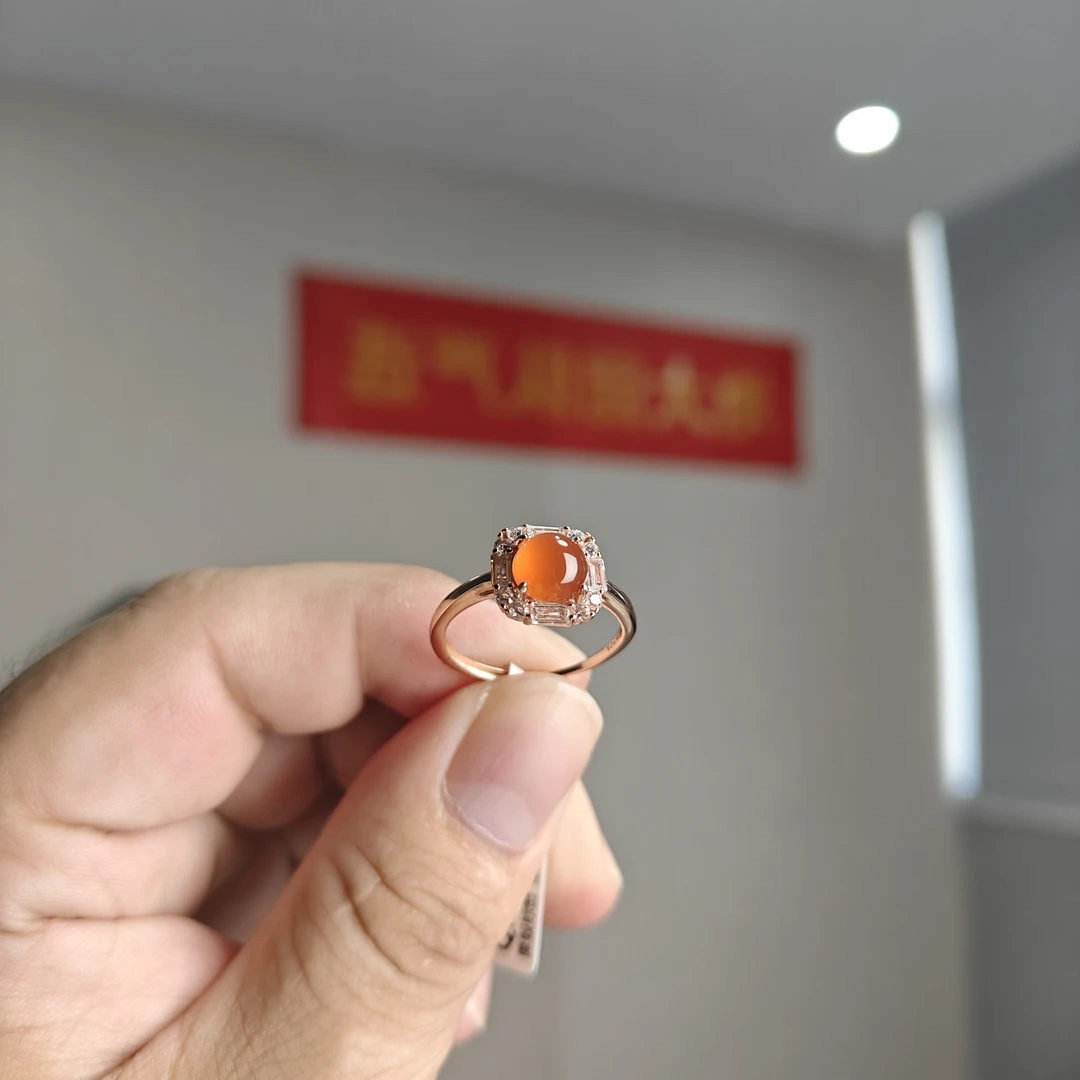 约10mm保山冰红圆形蛋面围镶戒指（S925银镀玫瑰金）