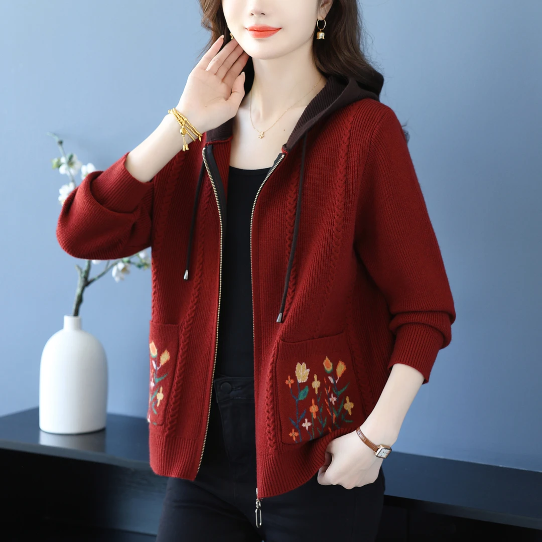 女士休闲毛衣外套百搭洋气妈妈秋装2025新款连帽针织开衫大码宽松