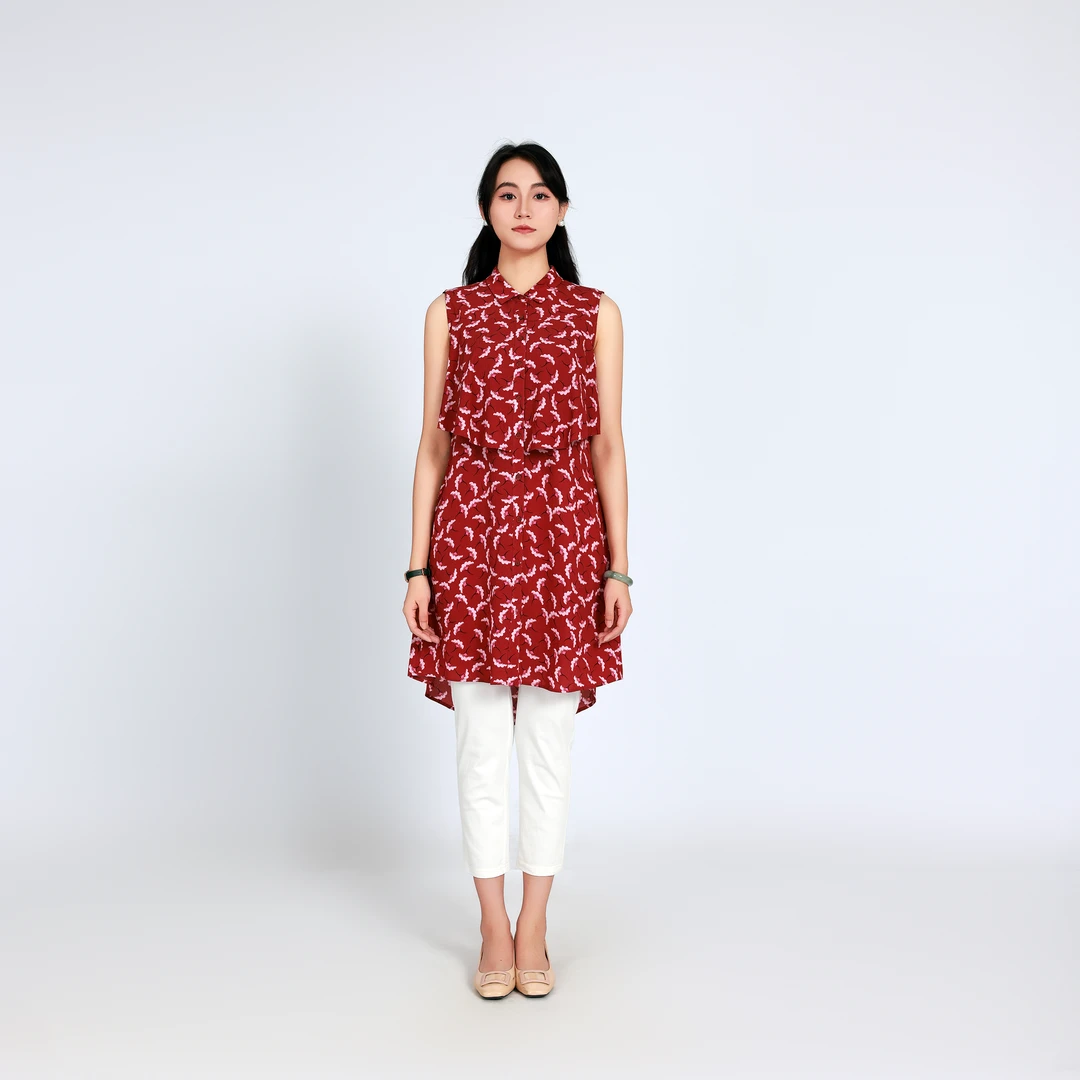 菲姿FEIZI夏季无袖翻领连衣裙9B436银杏华尔兹（莓红）