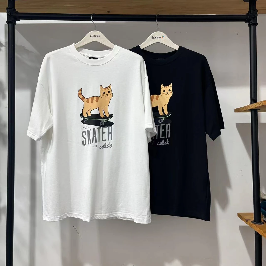 【CL】潮牌夏季情侣款两色胸口小猫印花短袖T恤 CA6122