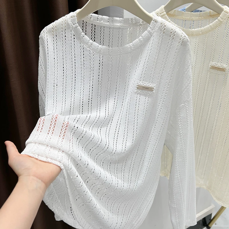 2025夏季爆款镂空设计长袖防晒罩衫白色宽松圆领针织上衣薄T恤女
