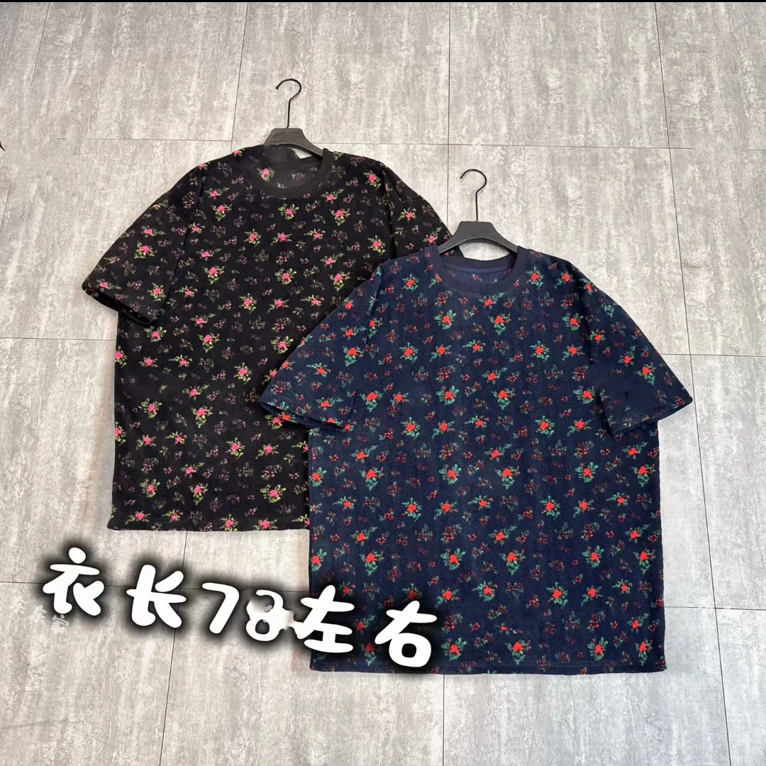 欧货浪漫风碎花常规女短袖加厚T恤复古印花长款宽松