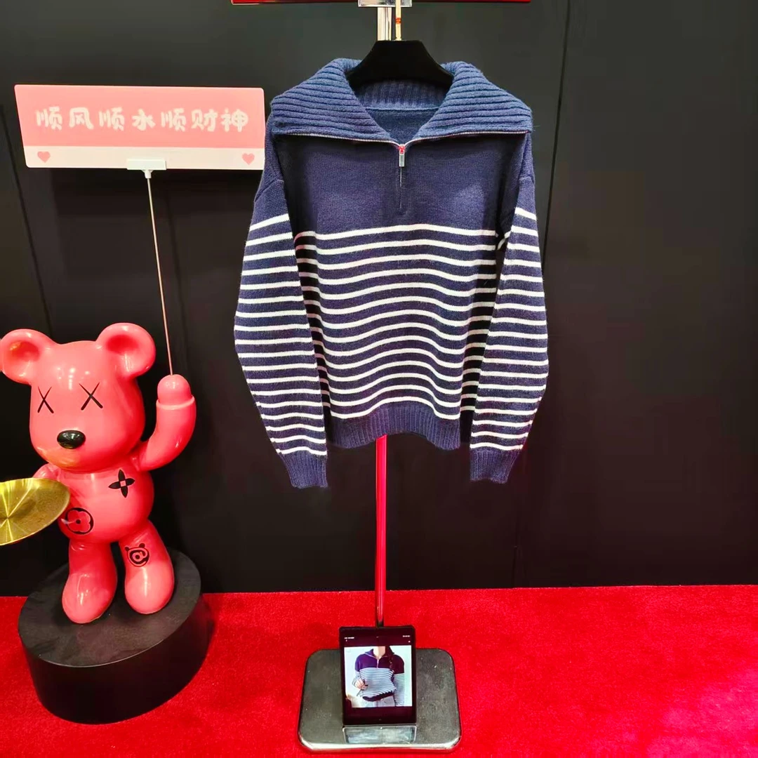 +103 新款条纹翻领针织衫长袖套头秋季百搭