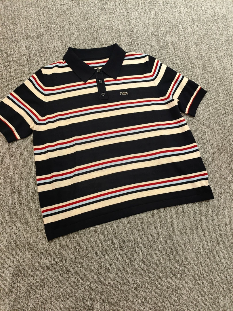 撞色翻领短袖t恤条纹polo领套头针织上衣毛衣2025秋季新款女