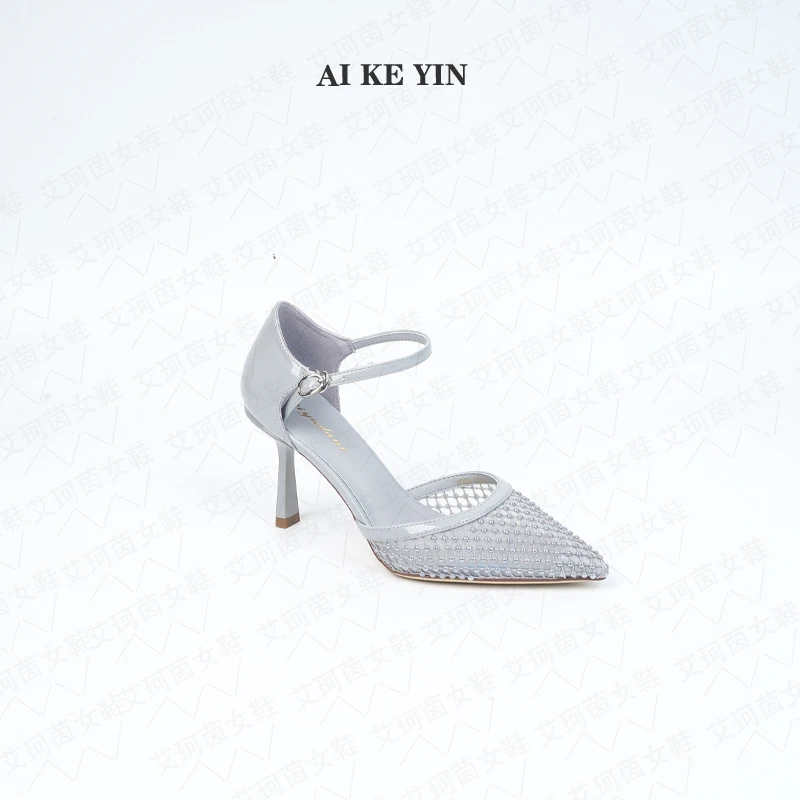 【艾珂茵】春夏季新款尖头中空一字带细跟高跟鞋镶珠珠百搭时尚